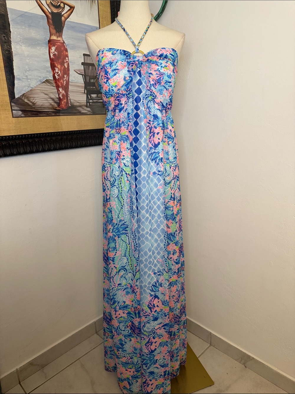 Lilly Pulitzer ViV Blue Pink Floral Strapless Maxi Dress